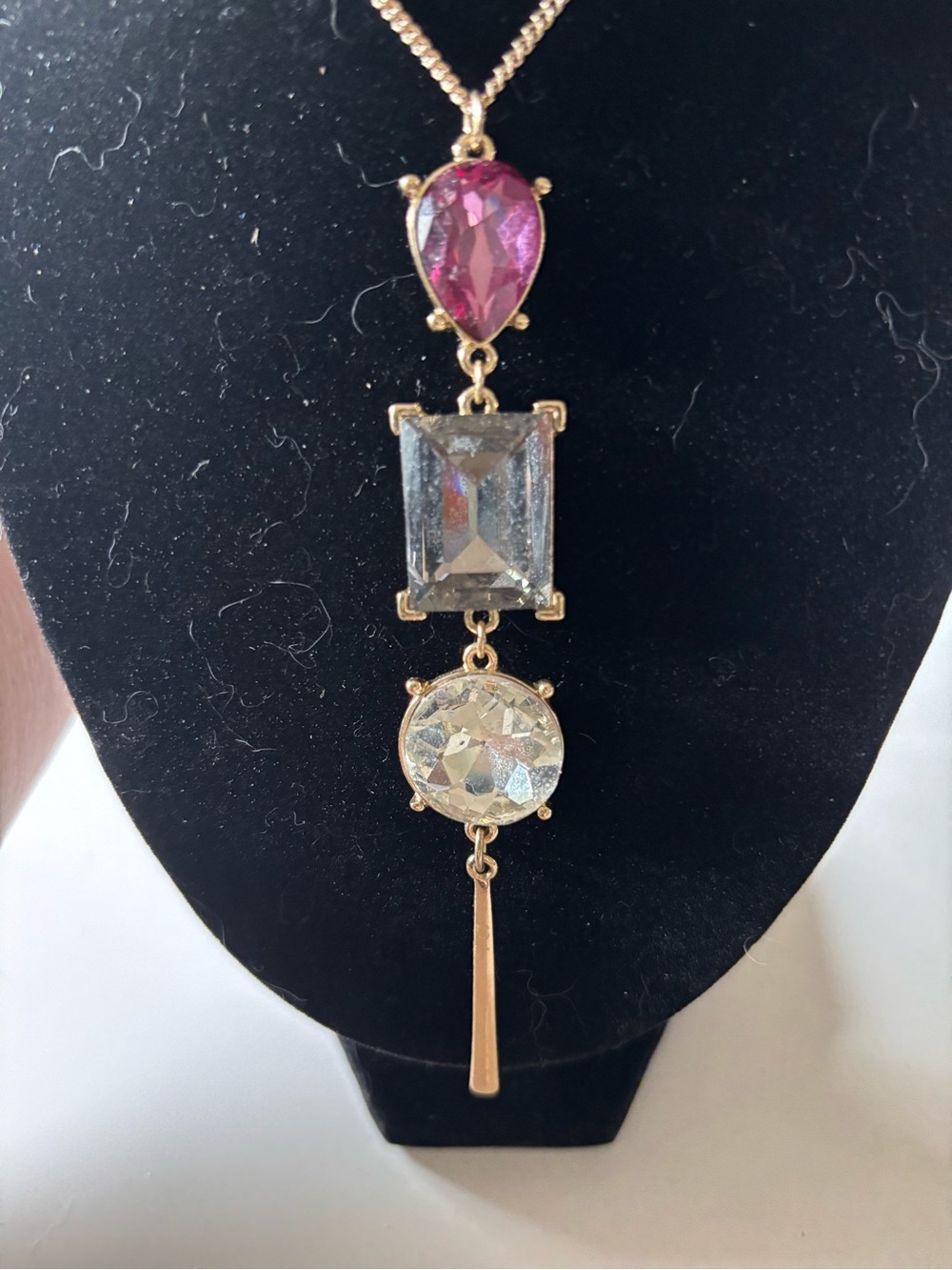Gold Tone Long Pendant Necklace Pink Gray Clear Faceted Stones